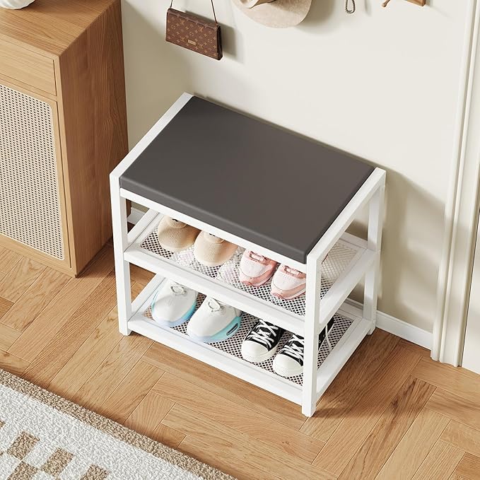 Small Shoe Bench Shoe Rack Storage Bench Entryway Bench Shoe Shelf with Seat Cushion, Stable Shoe Organizer for Entryway, Living Room, Bench Seat Holds Up to 300 lb, (18"L x 12"W x 17"H, White)