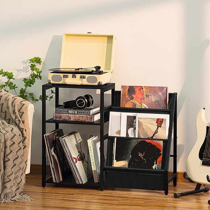 LELELINKY Black End Table,Record Player Stand with Vinyl Storage,3 Tier Side Table with Display Shelf Storage Up to 150 Albums,Industrial Large Record Holder Cabinet for Living Room