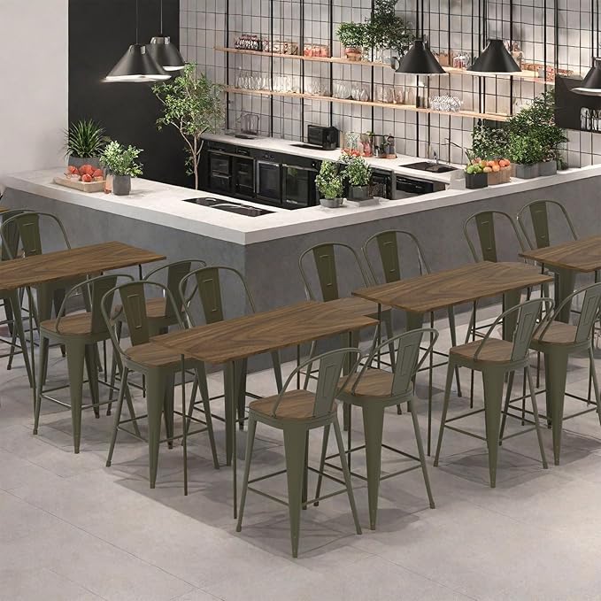 26” Swivel Bar Stools Set of 4, Counter Height Bar Stools Wooden Seat, Metal Industrial Bar Chairs with High Back for Kitchen Island (Rusty)