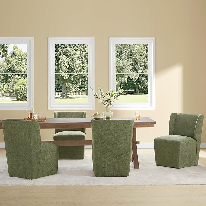 Upholstered Dining Chair with Casters Wingback Modern Side Armless Deskchair with Rollers for Diningroom Bedroom Livingroom Reading Room,Green,4 Box