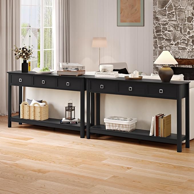 Treocho 53.1" Console Table with 3 Drawers, Modern Entryway Table, 2-Tier Narrow Long Sofa Table Behind Couch Table for Living Room, Hallway, Black