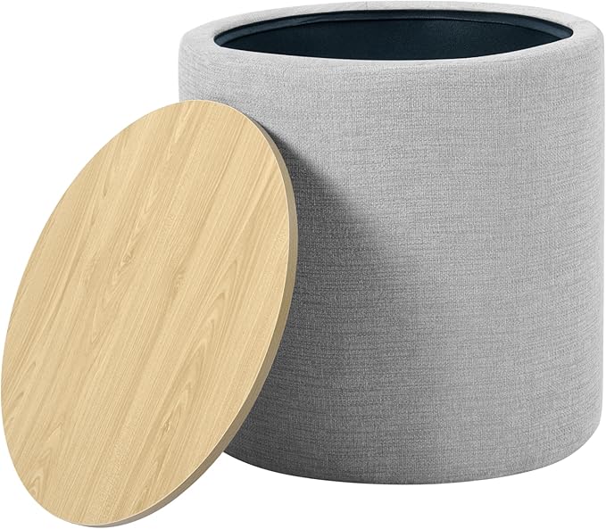 HomePop Storage Ottoman with Wood Top - Light Gray Textured Woven