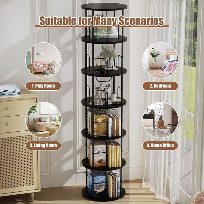 6 Tier Rotating Bookshelf, 360 ° Display Stackable Spinning Bookshelf Tower, Corner Bookshelf Tall Floor Standing Swivel Bookcase Narrow Storage Organizer for Bedroom, Living Room, Black