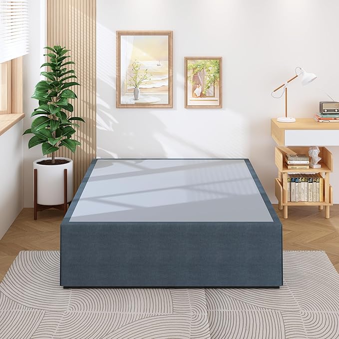 18 Inch Queen Bed Frame with Cover Skirt, Heavy Duty Steel Slat Support Metal Platform Bed Frame Queen Size No Box Spring Needed, Easy Assembly, Black and Blue
