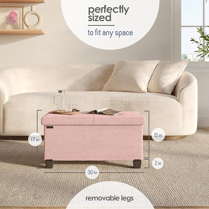 STORAGEBUD Storage Ottoman Bench with Bins, 30-in Storage Bench for Bedroom End of Bed, Folding Foot Rest Ottoman for Living Room Max 660lbs, Fabric Ottomans, Pink