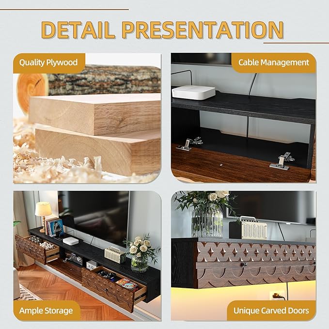 Fully-Assembled Floating TV Stand, Vintage Carved Floating Entertainment Center with Flip-Down Doors & Drawer, Walnut Wood Media Console Shelf Cabinet Under TV Storage for Living Room, 70IN
