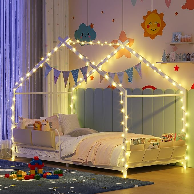 Timy House Shape Twin Size Montessori House Bed Metal Floor Bed with Caddy Twin Bedframe for Kids No Box Spring Needed White