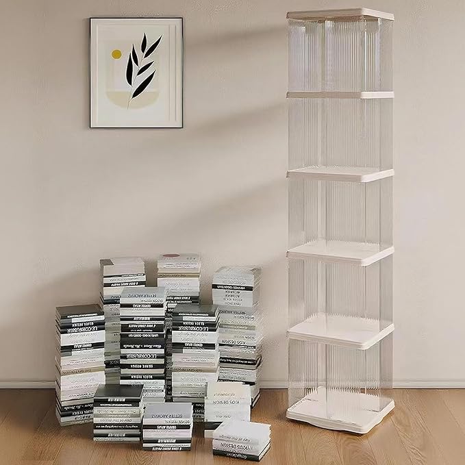 Rotating Bookshelf Tower,360° Rotating Bookshelf,66 inch High Small Space Revolving Bookcase, Suitable for Spinning Bookshelf Tower in Home and Office (White, 5 Tier, 14x14x66)