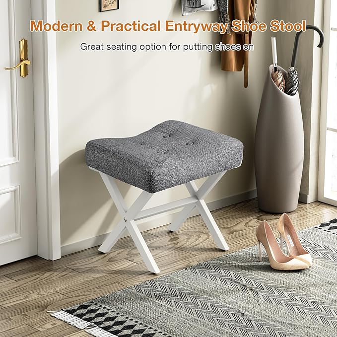 18-Inch Large Vanity Stool Chair, Vanity Bench with Metal X-Legs, Ottoman Foot Stool with Breathable and Soft Boucle Fabric Saddle Seat, Grey