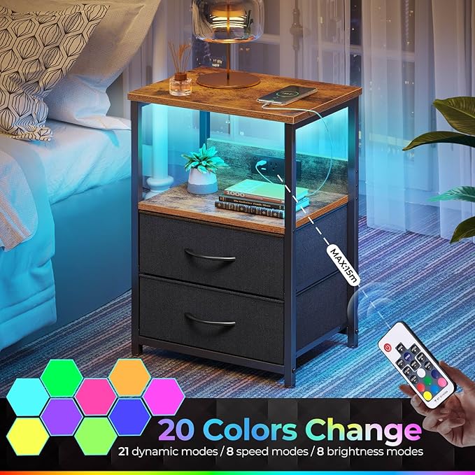 Seventable Nightstand with Charging Station, Bedside Table with LED Lights, Night Stand with 2 Fabric Drawers, 3-Tier Storage End Table for Bedroom, Rustic Brown