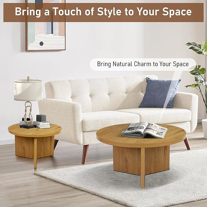 Round Nesting Coffee Tables Set of 2, Modern Stacking Table with Wood Grain Finish, End Table Side Tables for Living Room (Natural Oak)