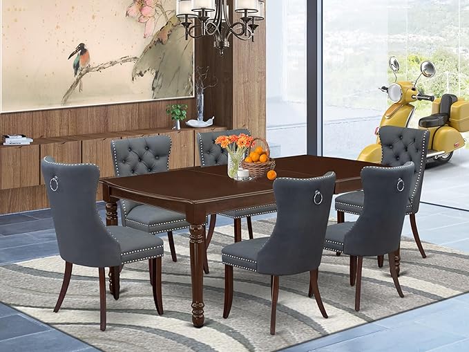 East West Furniture DODA7-MAH-13 7 Piece Kitchen Table Set Includes a Rectangle Dining Table with Butterfly Leaf and 6 Polyester Fabric Upholstered Chairs, 42x78 Inch, Mahogany