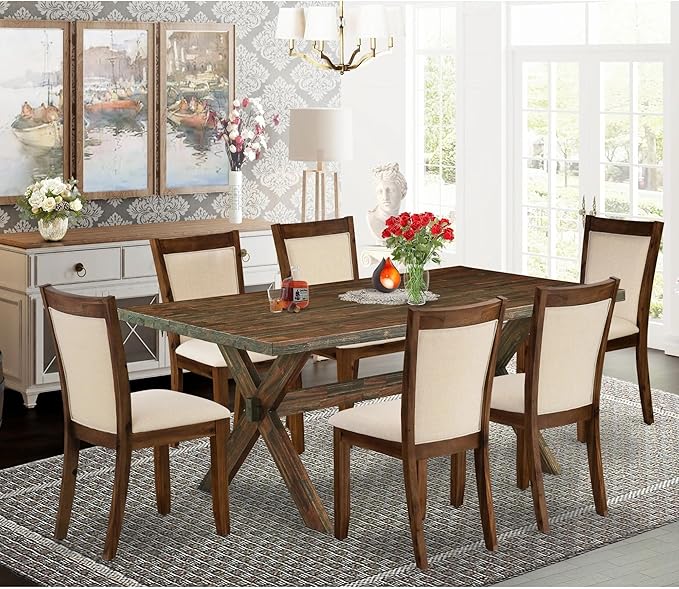 East West Furniture X777MZN32-7 7 Piece Kitchen Table Set Consist of a Rectangle Dining Table with X-Legs and 6 Light Beige Linen Fabric Parson Dining Chairs, 40x72 Inch, Multi-Color