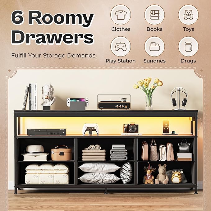 Huuger LED TV Stand for Bedroom, 55 Inch Fabric Dresser with Power Outlets, Entertainment Center for 60, 55, 50 Inch TV, 6 Drawer Dresser for Bedroom, Chest of Drawers with Shlef, PU Leather, Black
