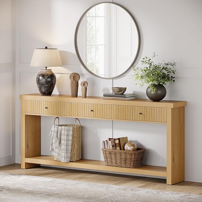 Tribesigns 70.9 inch Console Table with 3 Drawers, Extra Long Entryway Table, Wood Sofa Table Oak Furniture with Open Storage Shelves Wooden Couch Table Foyer Tables for Living Room Hallway Entrance