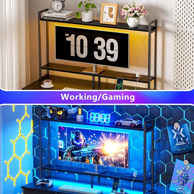 Computer Gaming Desk with Hutch, Home Office Desk with Power Outlets, LED Light, 5 Storage Drawers, 2 Tiers Shelves for Display, 39 Inch Modern Study Writing Table for Bedroom, Black