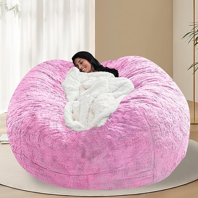 BCU 6FT Bean Bag Chair for Adults and Kids Without Filler Giant Stuffed Animal Storage Cover Soft Faux Fur Floor Chair Cover for Bedroom Living Room, Pink