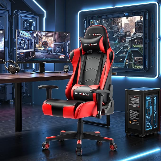 GTRACING Gaming Chair with Reclining Backrest, Adjustable Height and Swivel Base, Ergonomic Computer Chair with Headrest and Lumbar Support (Red)