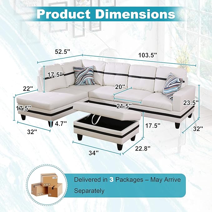 103.5" Oversized Sectional Couch, L Shaped Couch with Storage Ottoman, Modern Modular Sofa with Deep Seat, Sectional Couches for Living Room and Office, White and Black (PU Leather)