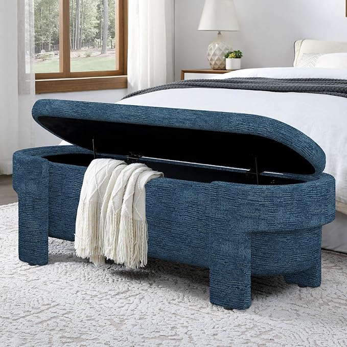 KEIKI 51" Linen Ottoman Bench with Large Storage Space, Upholstered Seating Foot Rest Stool Furniture for Bedroom, Living Room, Entryway, Dark Blue