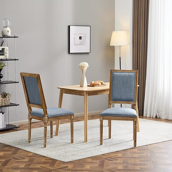 Christopher Knight Home Regina French Country Dining Chairs Set of 2, Wooden Dining Room Chair, High Back Kitchen Side Chair, Fabric Upholstered Armless Extra Seat, Slate Blue