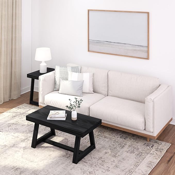Plank+Beam Classic Rectangular Coffee Table, 40 Inch Farmhouse Coffee Table, Mini Center Tables for Small Spaces, Small Living Space Tea Table, Black Wirebrush