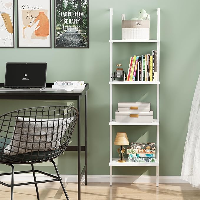 Ladder Shelf 4 Tiers Metal Industrial Bookshelf,White Wooden Tall Open Storage Rack and Display Shelves,Wall Mount Wide Bookcase for Home Office Bedroom,Small