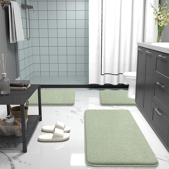 OLANLY Thick Memory Foam Bath Mat Rug 34x21, Extra Soft Absorbent Bathroom Rug, Quick Dry Bath Mats, Non-Slip, Machine Washable Carpet for Bathroom, Tub and Shower, Home Decor Accessories, Sage Green