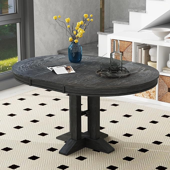 Need Extendable Farmhouse Round Dining Table, 48-60 Inch Pedestal Base Kitchen Table for Small Spaces & Dining Rooms (Black Finish)