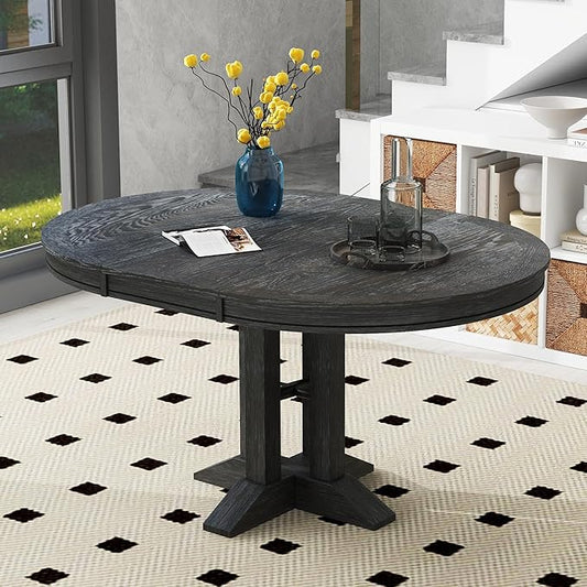 Need Extendable Farmhouse Round Dining Table, 48-60 Inch Pedestal Base Kitchen Table for Small Spaces & Dining Rooms (Black Finish)
