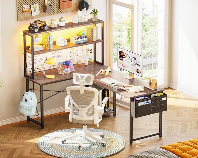 AODK L Shaped Desk Gaming Desk with LED Light & Power Outlet, 53 Inch Reversible L Shaped Computer Table with Shelf & Storage Bag & Hook for Home Office, Grey Oak