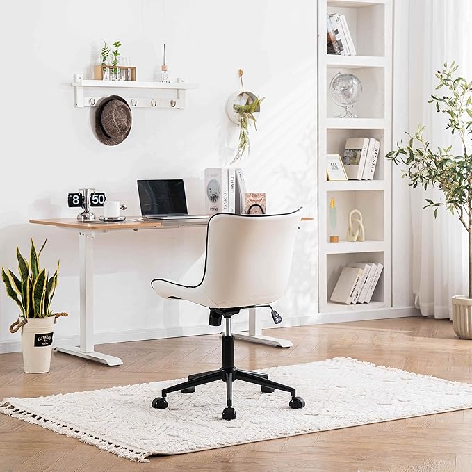 YOUNIKE Ergonomic Home Office Desk Chair with Wheels White Comfy Armless Vanity Chair with Back Modern Faux Leather Upholstered Task Chair Small Cute Rolling Drafting Chair No Arms Adjustable Swivel