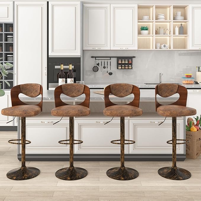 VECELO BarStools Set of 4,Kitchen Island Stools with Bentwood Back,Arm&Footrest,Counter Height Bar Chairs PU Leather Cushion Seat Adjustable Height 360°Swivel,Island Chairs for Club Pub,Rustic Brown