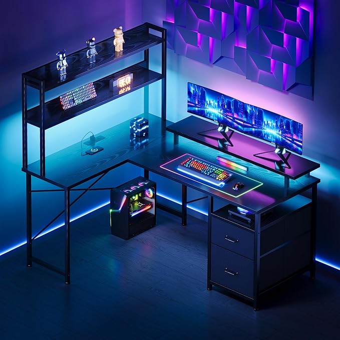 L Shaped Gaming Desk with Shelves,Reversible Computer Gaming Desk with LED Lights and Charging Station,Home Office Corner Desk with Monitor Stand,Black