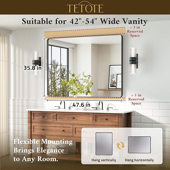 TETOTE 48 x 36 Black Mirror Large Matte Black Bathroom Mirror, Tempered Glass, Wall Mounted for Bathroom, Entryway, Bedroom, Living Room(Horizontal/Vertical)