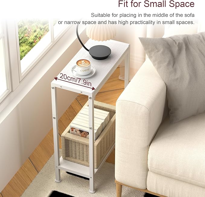 Narrow Side Table for Small Space Set of 2, 2-Tier Small End Table with Shelf Holder, Slim Nightstand, Skinny Snack Couch Table in Living Room, Bedroom, Study, Kitchen and Balcony（White