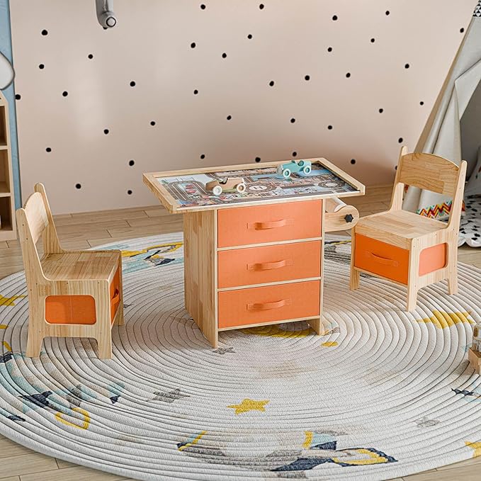 Pine Wood Kids Table and Chair Set 3 in 1 Wooden Toddler Table with Storage, Children's Drawing Reading Desk, with Drawers & Storage Baskets, Natural
