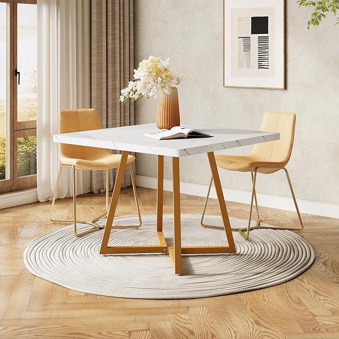 LITTLE TREE 31.5 Inches Small Dining Table for 4, Square Dinner Table for Small Space, Dining Room Tables, White Gold Wooden Kitchen Table with Metal Legs, Modern Leisure Cafe Table for Apartment