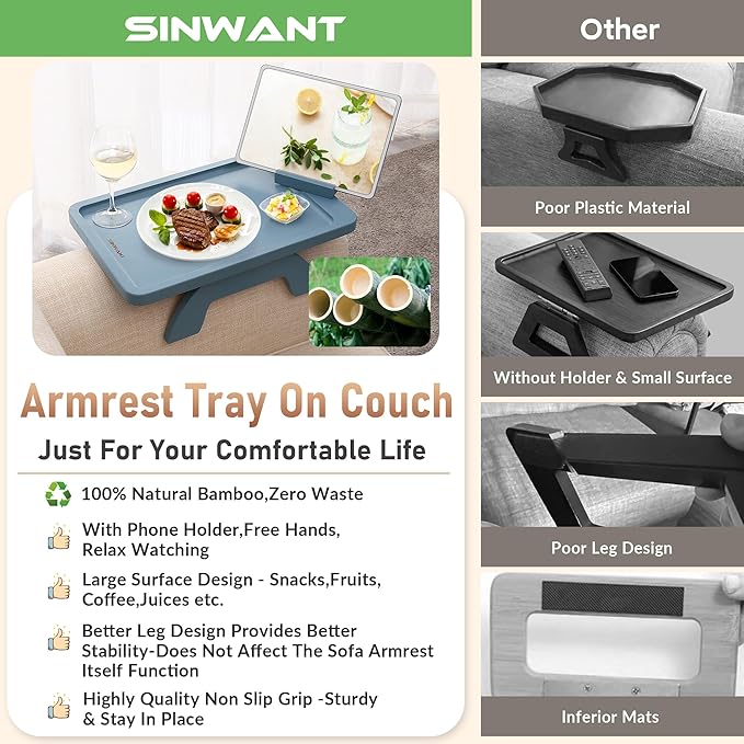 SINWANT Couch Arm Table, Bamboo Sofa Clip on Tray Tables,Sofa Armrest Tray with 360° Phone Holder,Couch Armrest Table for Eating and Drinking