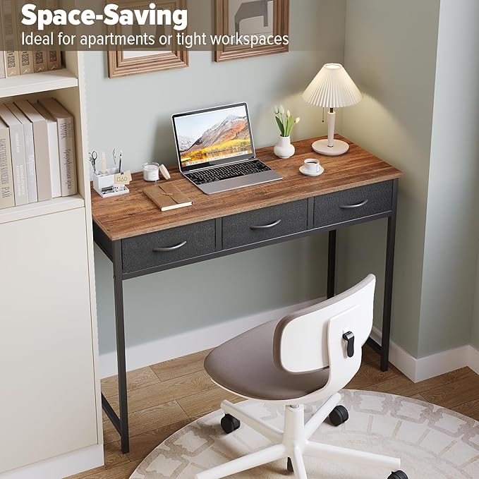 WOHOMO Computer Desk with Drawers, 39.3 Inch Bedroom Desk with Storage, Home Office Desk for Room Spaces, Modern Work Writing Study Tables, Rustic