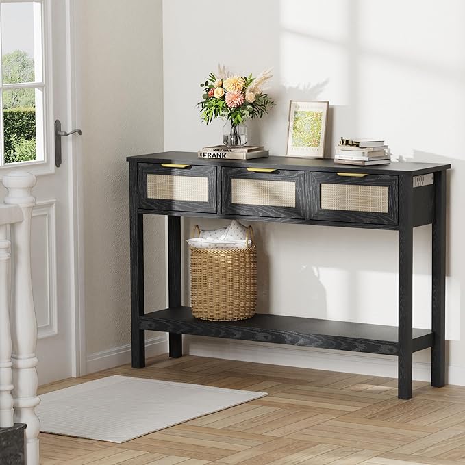 Entryway Table, Boho Console Table with 3 Storage Drawers and Storage Shelf, Sofa Table with Socket, for Entryway, Living Room, Behind Couch and Hallway (Black)