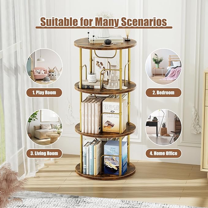 Rotating Bookshelf, 3 Tier Round Revolving Bookcase with Special Visible Partition Storage, 360° Display Spinning Bookshelf Tower Storage Organizer Rack for Bedroom, Living Room, Small Space, Gold