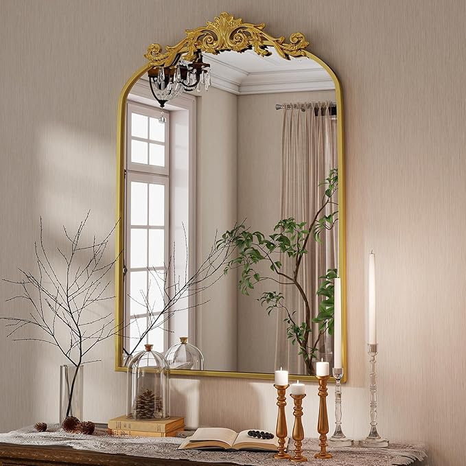 Vintage Arched Wall Mirror, 26x38 inch Retro Arch Bathroom Mirror, Carve Pattern Top Wall Mounted Vanity Mirror with Metal Frame, Bathroom Mirror Hanging or Leaning, Gold