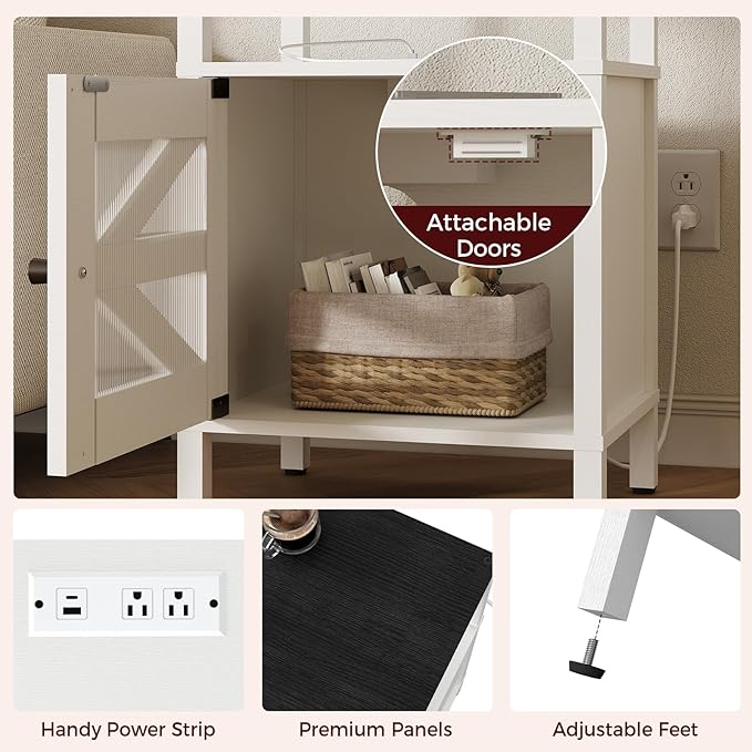Farmhouse Nightstand with Charging Station, White Bedside Table with USB&Type-C Ports and Outlets, End Table with Storage, Side Table Night Stand for Bedroom, White and Black ETBW97E01