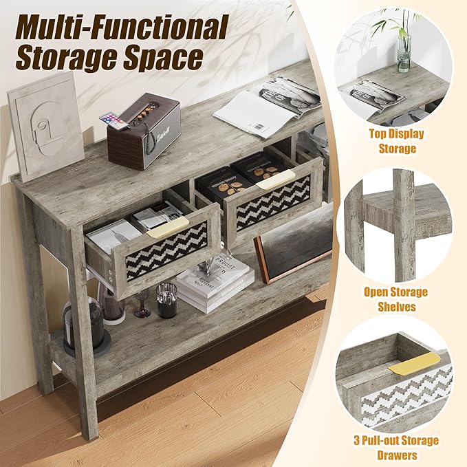 Entryway Table, Rattan Console Table with 3 Storage Drawers and Storage Shelf, Sofa Table with Socket, for Entryway, Living Room, Behind Couch and Hallway (Grey)
