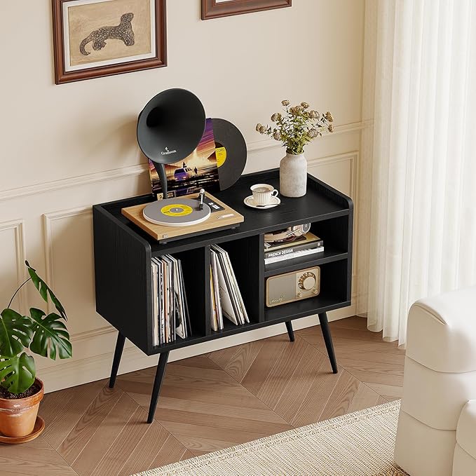 Record Player Stand with Vinyl Storage,Turntable Stand with Solid Wood Legs,Record Player Table Holds Up to 200 Albums,Vinyl Holder Storage Shelf for Bedroom Living Room,Black