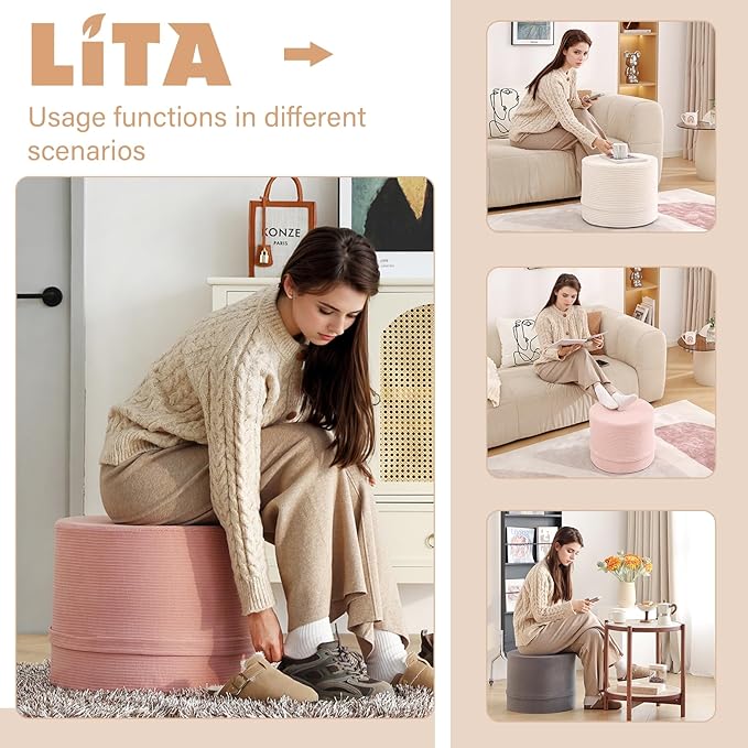 LITA Round Stuffed Pouf Ottoman, Corduroy Poufs with High-Density Foam Filling and Washable Cover, Furry and Fluffy Bean Bag Foot Stools Ottoman for Living Room, Bedroom, Office, Pink