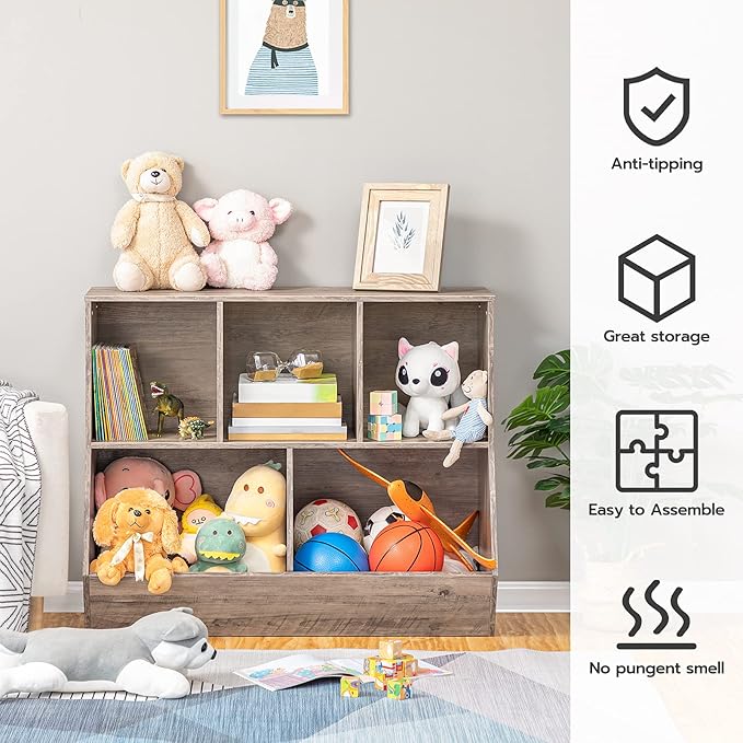 HOOBRO Kids Bookshelf, Bookcase Footboard, Toy Storage Cubby, Children's Toy Shelf, 35.4" L Toy Storage Cabinet, Fit for Children's Room, Playroom, Hallway, Kindergarten, Greige BG32CW01