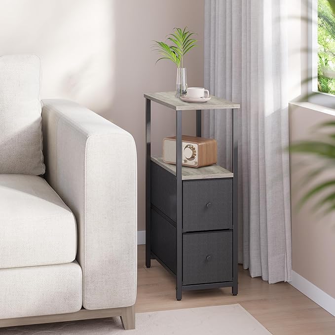 TUTOTAK Small Narrow End Table, Set of 2, Side Table, Nightstand with 2 Cloth Drawers, Couch Table, for Living Room, Bedroom, Bedside, Greige TB01BG054