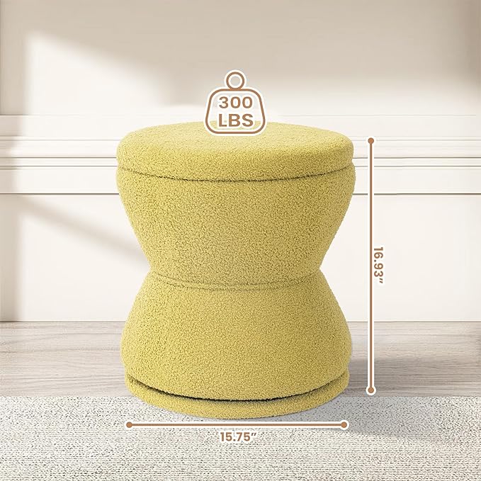 Ottoman with Storage, 360° Swivel Boucle Ottoman Vanity Stool, Upholstered Footstool with Storage Removable Lid, Modern Round Boucle Footrest Coffee Table for Living Room, Bedroom, Green